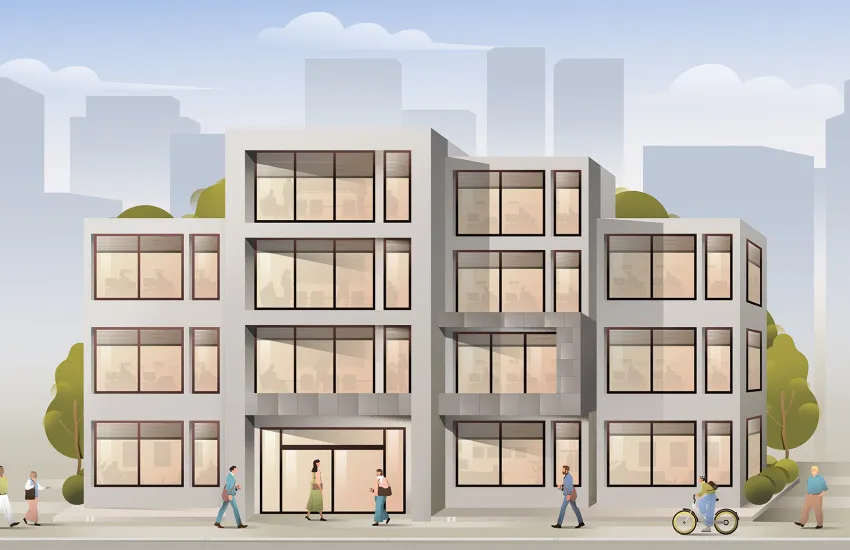 MB OfficeBuilding Exterior MorningMode BlindsOpen