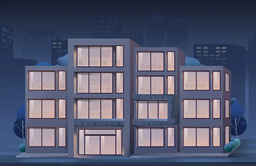 MB OfficeBuilding Exterior NightMode BlindsOpen