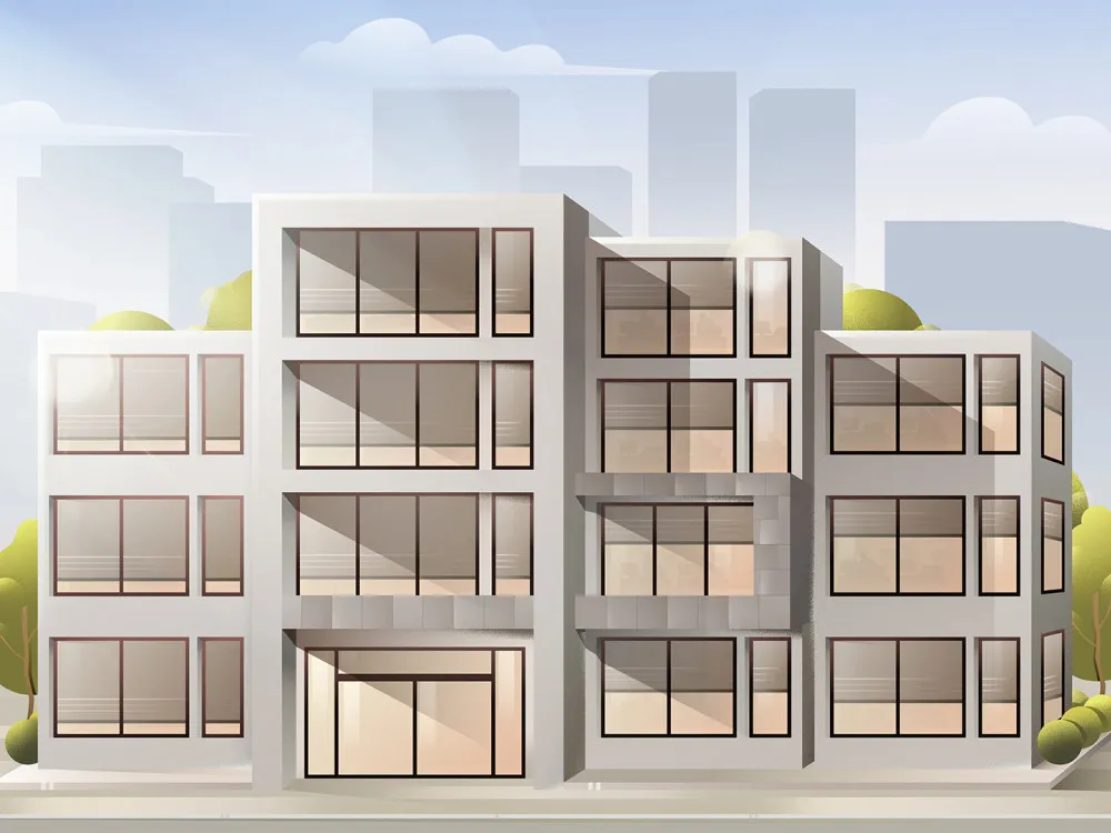 MB OfficeBuilding Exterior SunnyMode BlindsHalfOpen