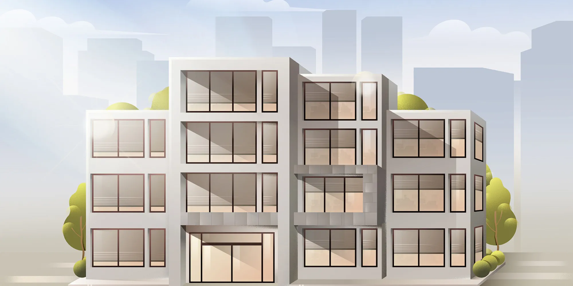 MB OfficeBuilding Exterior SunnyMode BlindsHalfOpen
